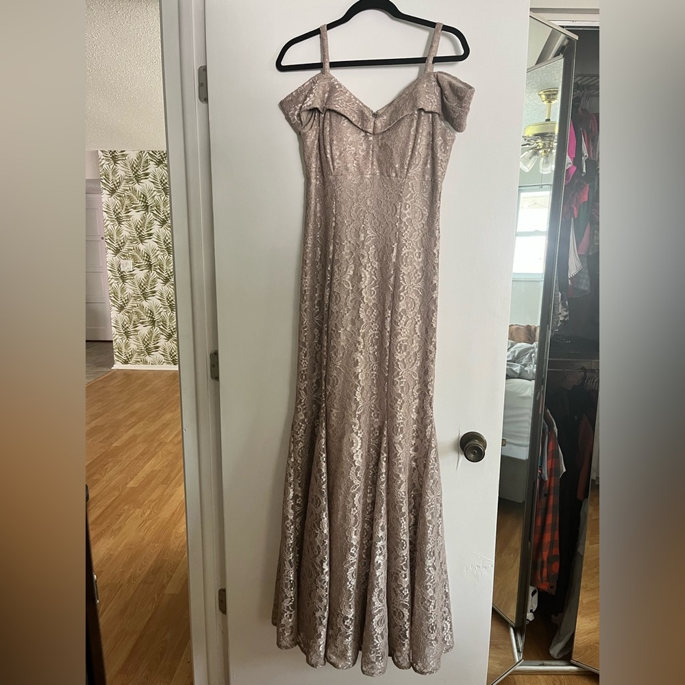 R&M Richards Champagne Off the shoulder formal lace mermaid gown